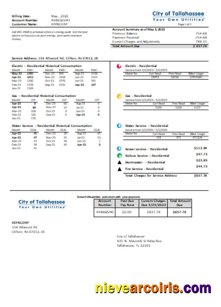 Florida City Of Tallahassee Florida Your Own Utilities Business Bill, SCR Sample