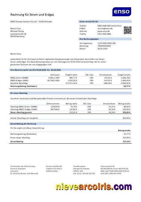 Realistic Germany ENSO Rechnung Für Strom Und Erdgas Business Utility Bill Template In Word And PDF Formats1