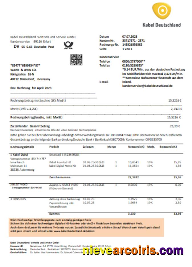 Germany TV Cabel Utility Business Bill, SCR Sample