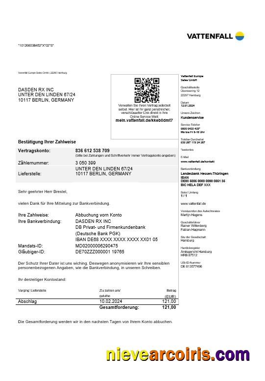 Realistic Germany VATTENFALL Business Utility Bill Template In Word And PDF Formats