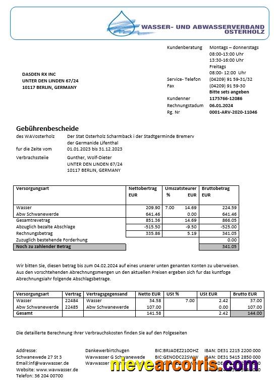 Premium Germany Wavwasser Business Utility Bill Template In Word And PDF Formats