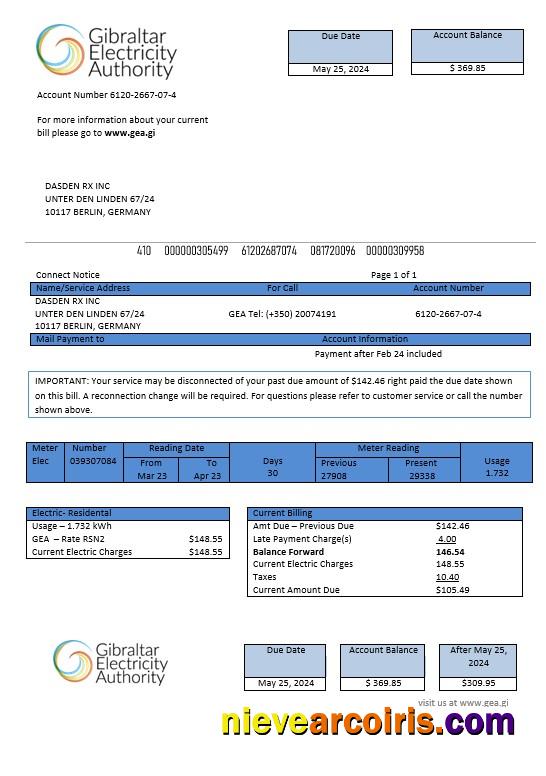 Editable Gibraltar Electricity Authority Business Utility Bill Word And PDF Template