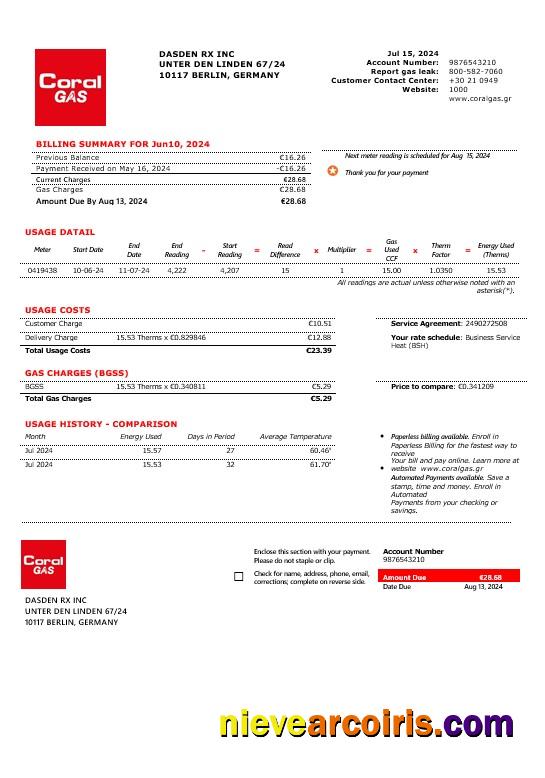Premium Greece CORAL GAS Business Utility Bill Template In Word And PDF Formats