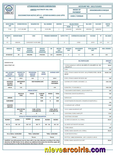 Hindi Uttarakhand Power Corporation Electricity Utility Bill Word And PDF Formats Photolook