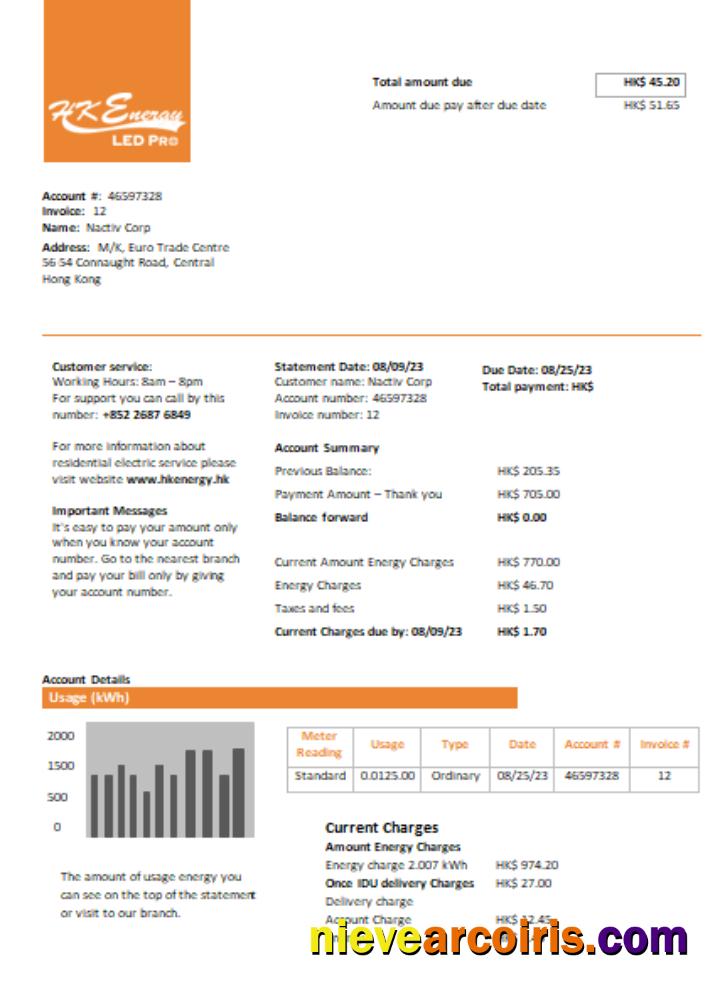 Hong Kong Energy Ltd Utility Business Bill, SCR Template