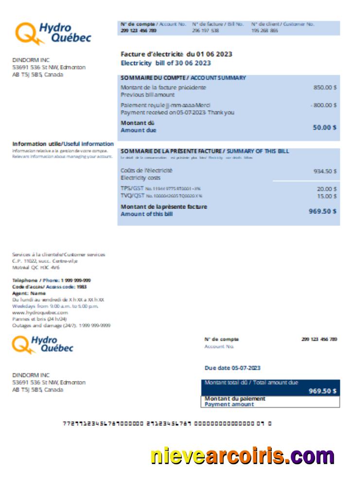 Hydro Québec Utility Business Bill, SCR Template