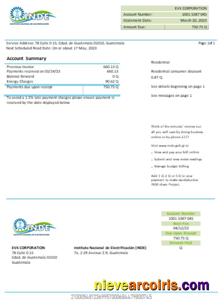 INDE Instituto Nacional De Electrificacion Electricity Utility Business Bill, SCR Sample