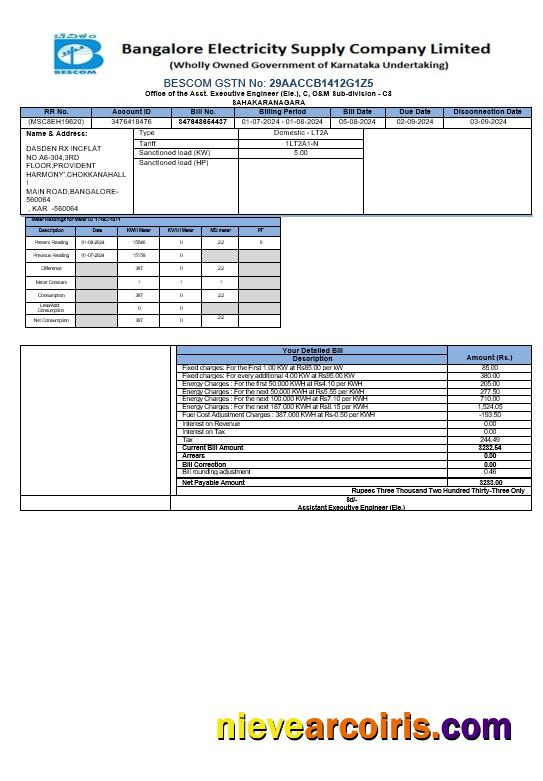 Editable INDIA BESCOM Business Utility Bill Word And PDF Template Các Trang Đã Xóa