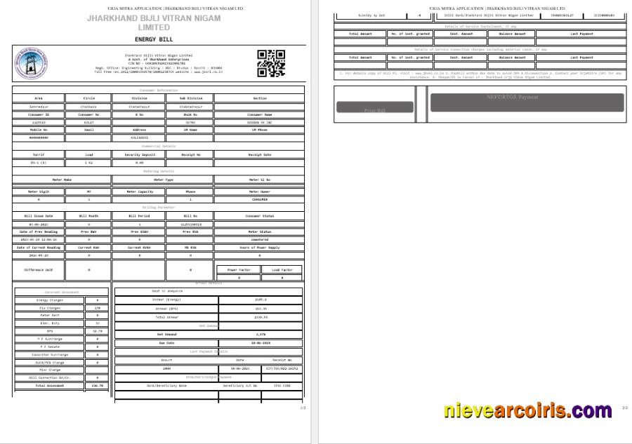 Premium INDIA JHARKHAND BIJLI VITRAN NIGAM LTD. Business Utility Bill Word And PDF Template