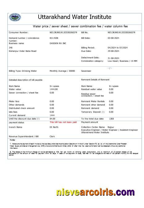 Professional INDIA UTTARAKHAND WATER Business Utility Bill Word And PDF Template