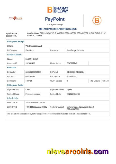 Editable INDIA WEST BENGAL ELECTRICITY Business Utility Bill Word And PDF Template