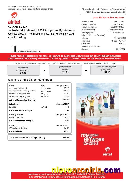 Realistic India Airtel Telecommunication Services Business Utility Bill Template In Word And PDF Formats