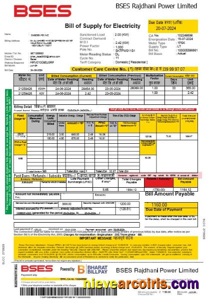 Professional India Bses Electricity Business Utility Bill Word And PDF Template Trang