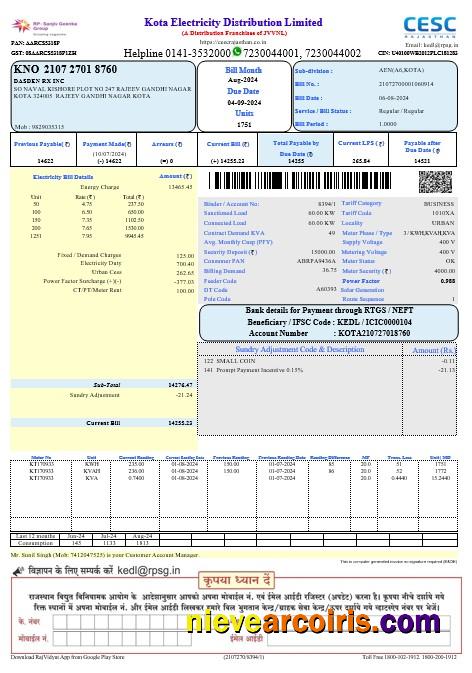 Premium India Kota Electricity Business Utility Bill Word And PDF Template