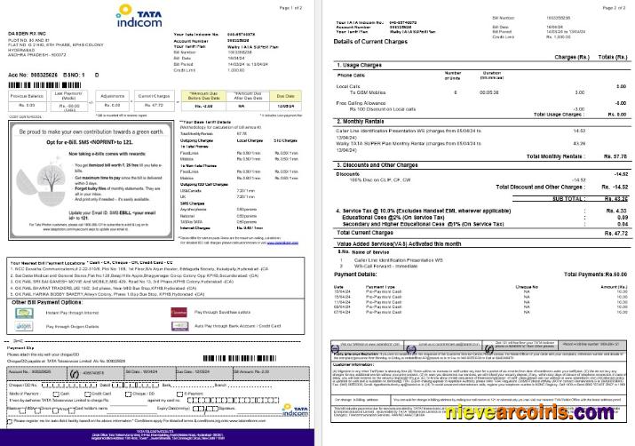 Realistic India Tata Indicom Mobile Business Utility Bill Template In Word And PDF Format, 2 Pages