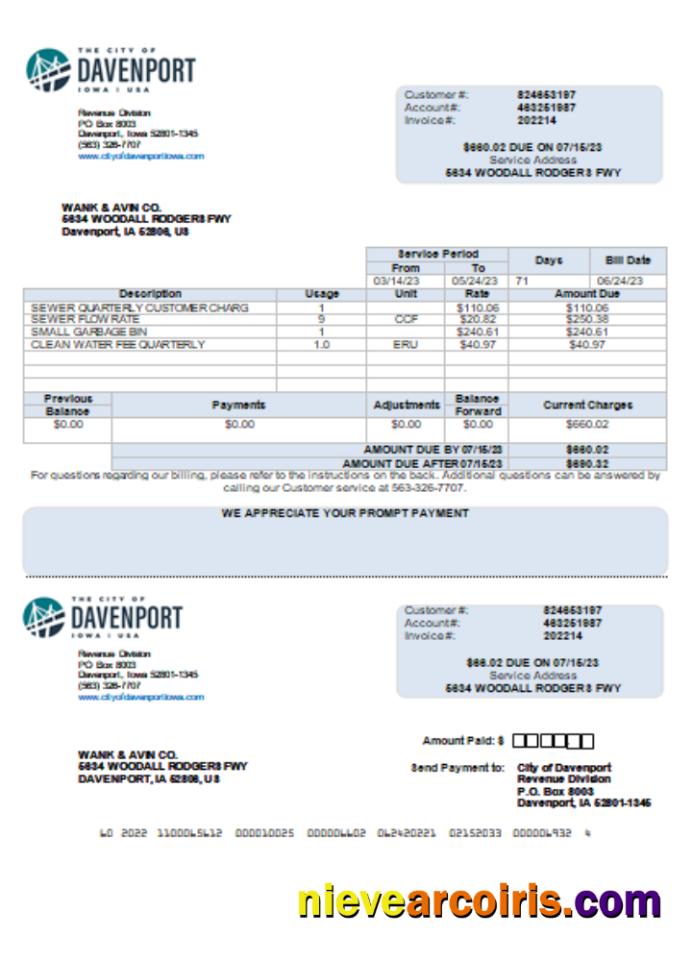 Premium Iowa City Of Davenport Utility Business Bill, Word And PDF Template Scr