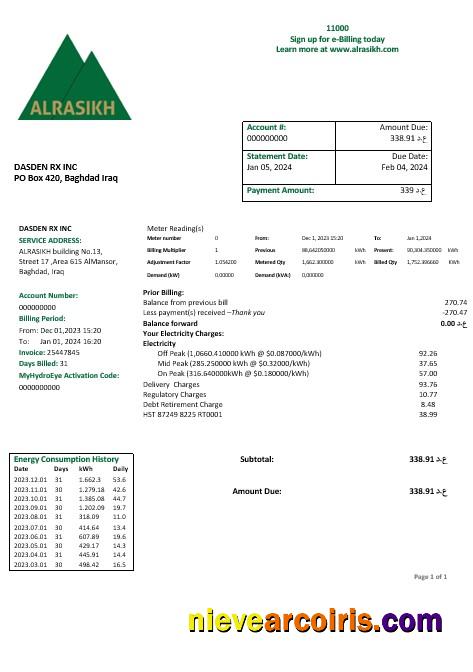 Editable Iraq AlRasikh Electricity Business Utility Bill Template In Word And PDF Format