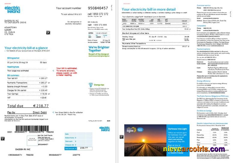 Realistic Ireland Electric Ireland Business Utility Bill Template In Word And PDF Formats, 2 Pages