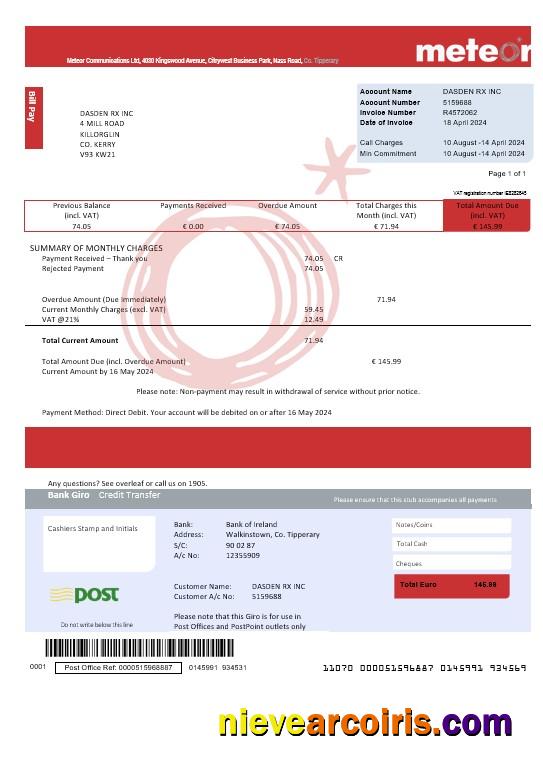 Editable Ireland Meteor Business Utility Bill Template Fully Editable In PSD Formats