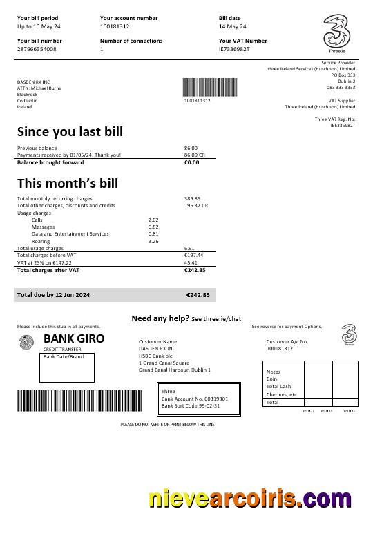Realistic Ireland Three.ie Business Utility Bill Template In Word And PDF Formats