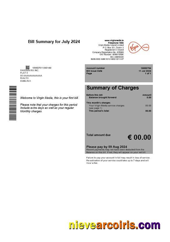 Realistic Ireland Virgin Media Business Utility Bill Template Editable In Word And PDF, Version 1