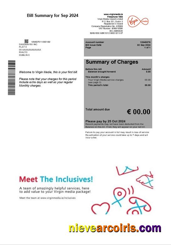 Realistic Ireland Virgin Media Business Utility Bill Template In Word And PDF Formats, Version 2
