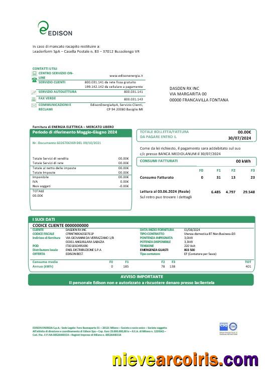 Realistic Italy Edison Business Utility Bill Template In Word And PDF Formats, Good For Address Prove
