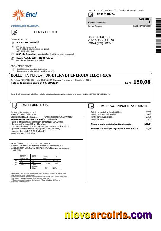 Professional Italy Enel Electricity Business Utility Bill Template In Word And PDF Formats