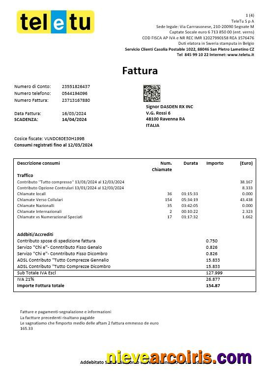 Realistic Italy TeleTu Business Utility Bill Template In Word And PDF Format