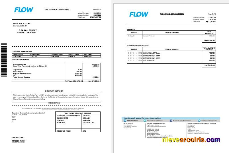 Realistic Jamaica Flow Tax Invoice Cable And Internet Business Utility Bill Word And PDF Template, 2 Pages