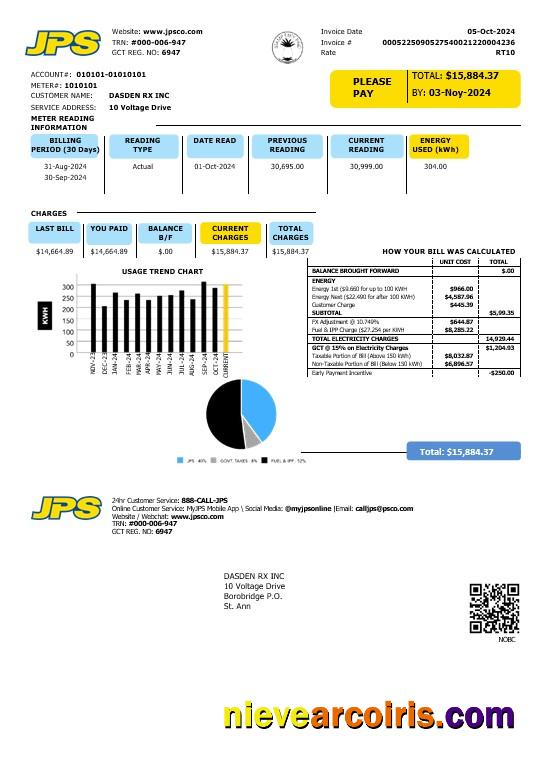 Premium Jamaica Public Service Company Limited (JPS) Electricity Business Utility Bill Template In Word And PDF Format