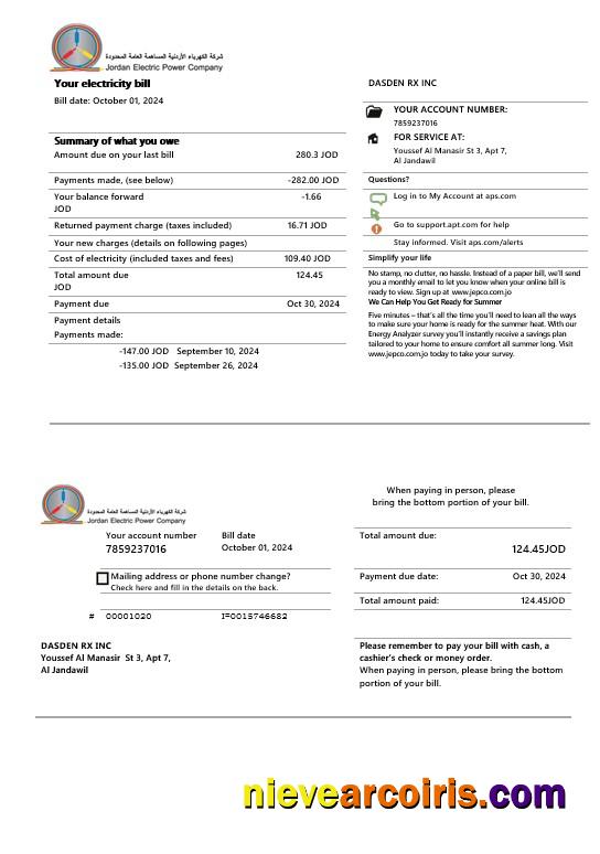 Premium Jordan Jordanian Electric Power Co JEPCO Electricity Business Utility Bill Template In Word And PDF Formats
