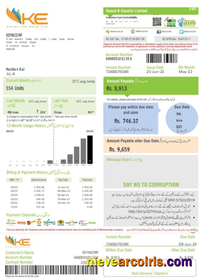 K Electric (KE) Electricity Utility Business Bill, Page 1, SCR Template
