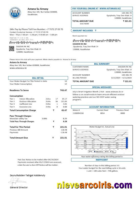 Premium Kazakhstan Astana Su Arnasy Business Utility Bill Template In Word And PDF Format (.doc And .pdf)