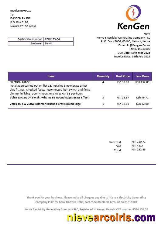 Professional Kenya KenGen Electricity Generating Company Business Utility Bill Template In Word And PDF Formats