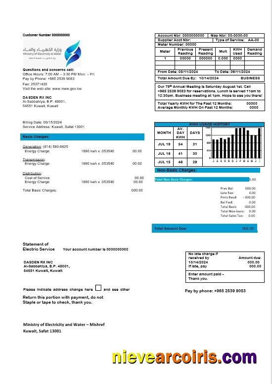 Editable Kuwait Ministry Of Electricity And Water Business Utility Bill Template In Word And PDF Format
