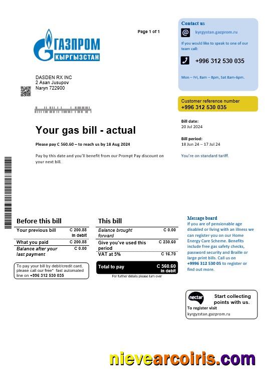 Professional Kyrgyzstan Gazprom Business Utility Bill Template In Word And PDF Formats