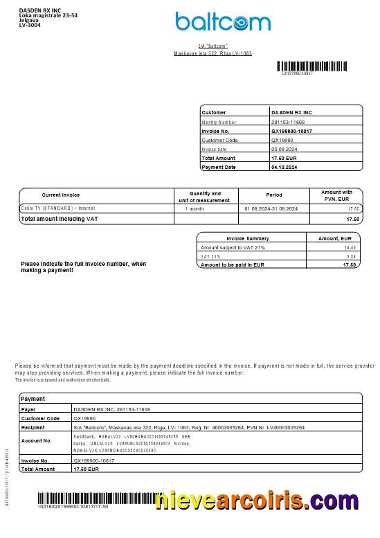 Professional Latvia Baltcom Telecommunications Business Utility Bill Template In Word And PDF Formats (English Version)