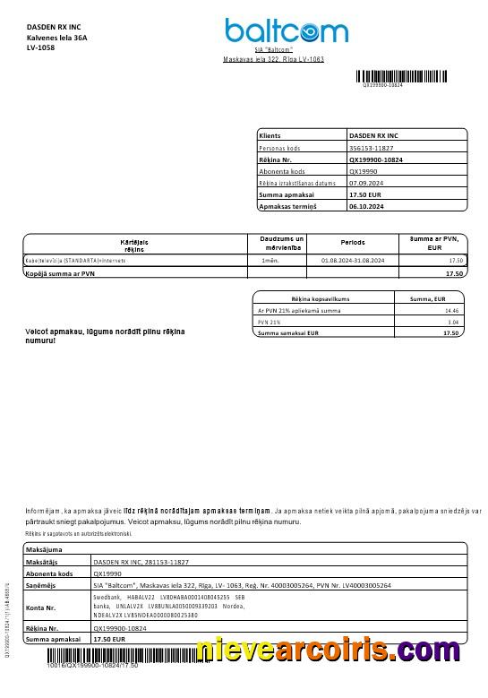 Professional Latvia Baltcom Telecommunications Business Utility Bill Template In Word And PDF Formats (Latvian Version)