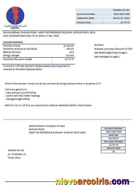 Realistic Libya General Electric Company Electricity Business Utility Bill Template In Word And PDF Formats
