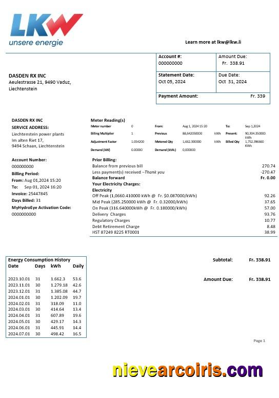 Professional Liechtenstein Ische Kraftwerke (LKW) Electricity Business Utility Bill Template In Word And PDF Formats