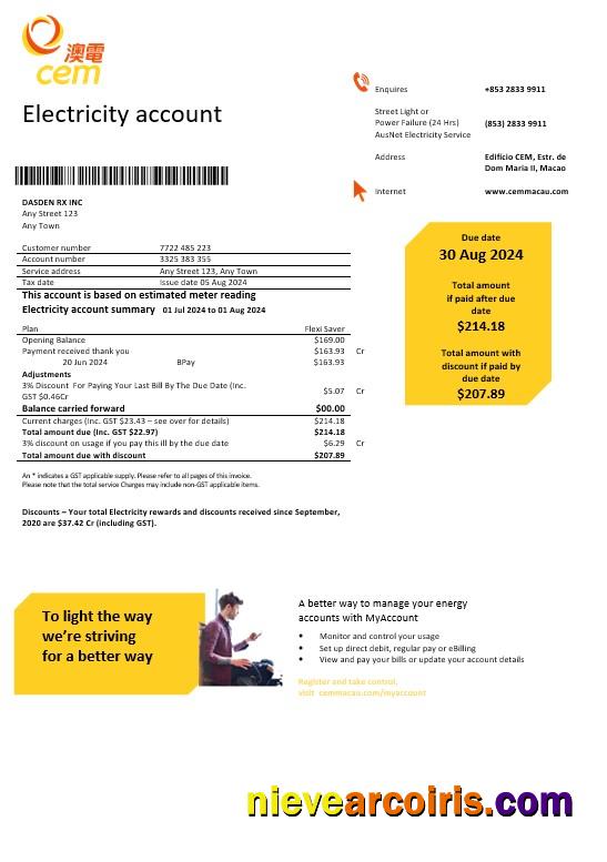 Editable Macau CEM Electricity Business Utility Bill Word And PDF Template