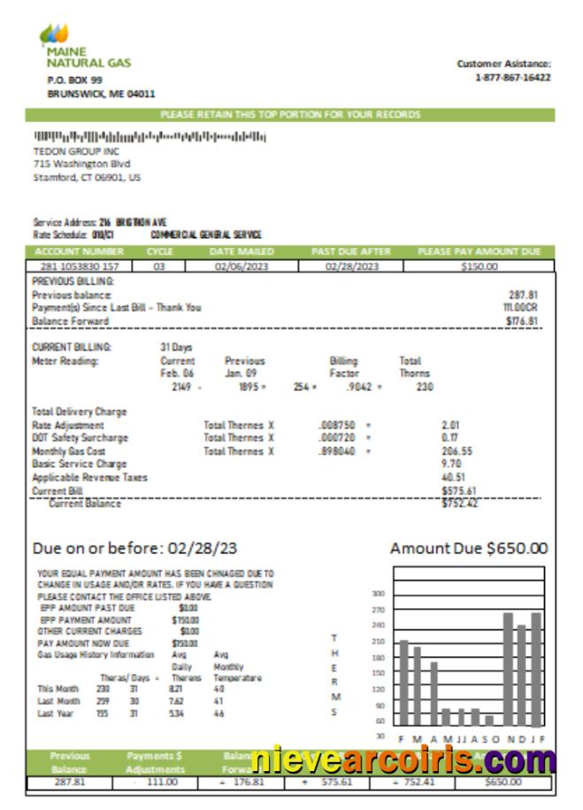 Maine Natural Gas Portland Utility Business Bill, SCR Sample