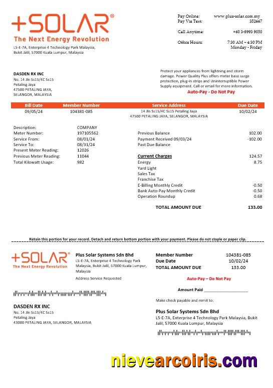 Editable Malaysia Plus Solar Systems Sdn Bhd Business Utility Bill Template In Word And PDF Formats
