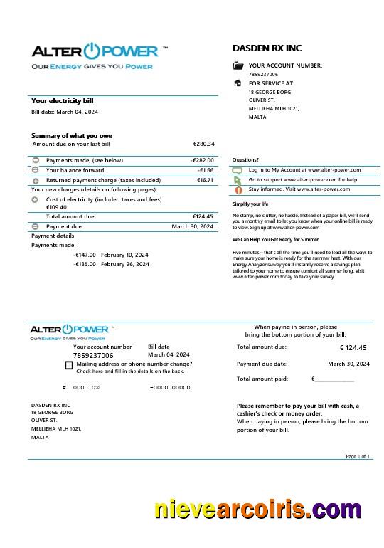 Professional Malta AlterPower Malta Proof Of Address Business Utility Bill Template In Word And PDF Formats