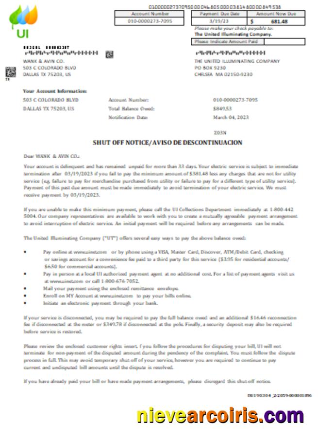 Massachusetts Chelsea SCG The United Illuminating Company Shut Off Notice Business Bill, SCR Photolook