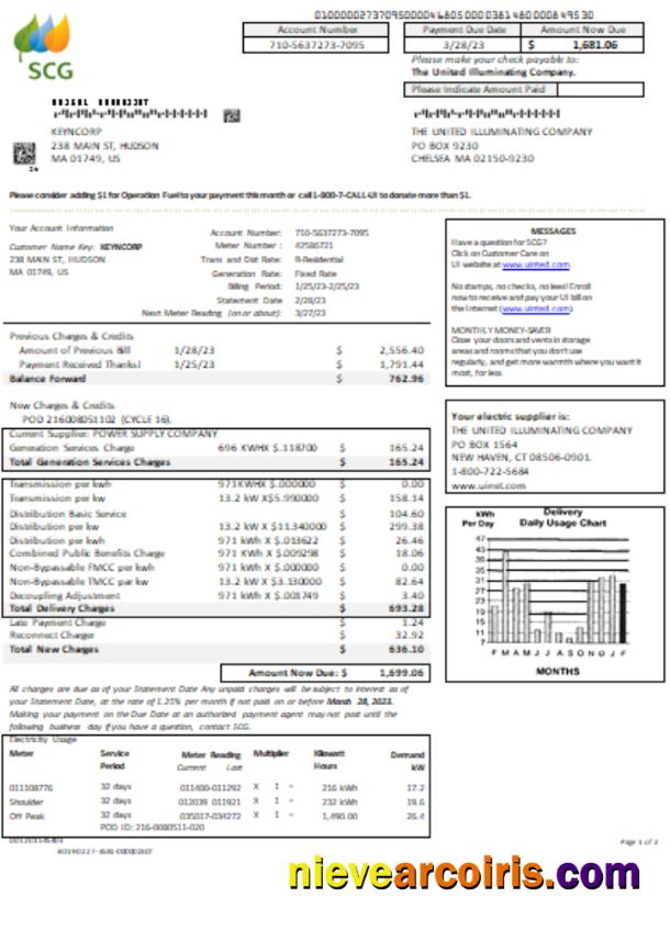 Massachusetts Chelsea SCG The United Illuminating Company Utility Business Bill SCR, Page 1 Preview