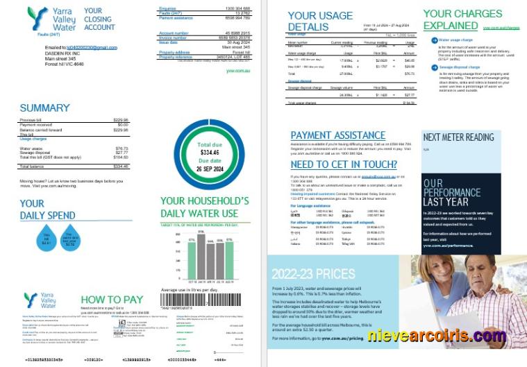 Melbourne Yarra Valley Water Water Business Utility Bill Word And PDF Formats, 2 Pages Sample
