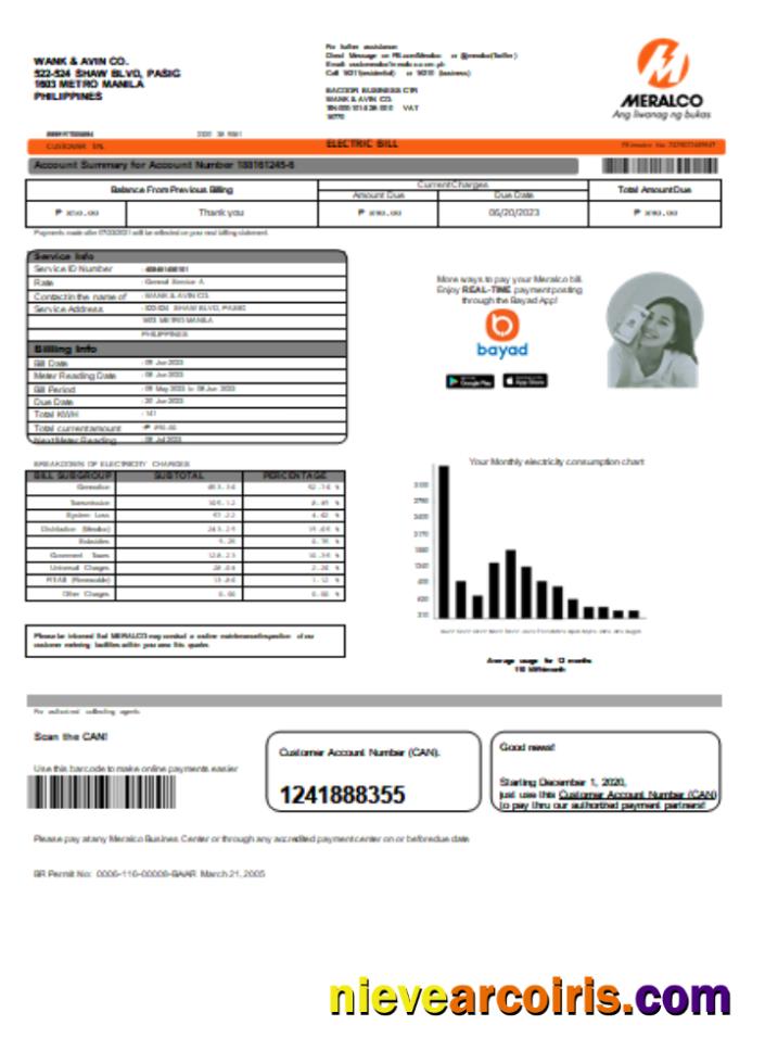 Meralco Philippines Electricity Utility Business Bill, SCR1 Sample