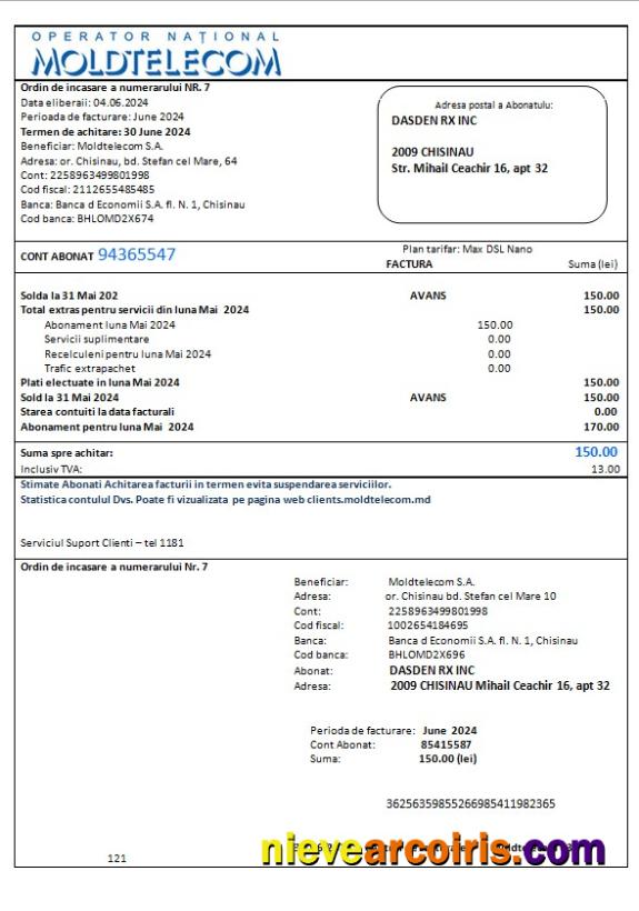 Editable Moldova Moldtelecom Business Utility Bill Template In Word And PDF Formats, Fully Editable